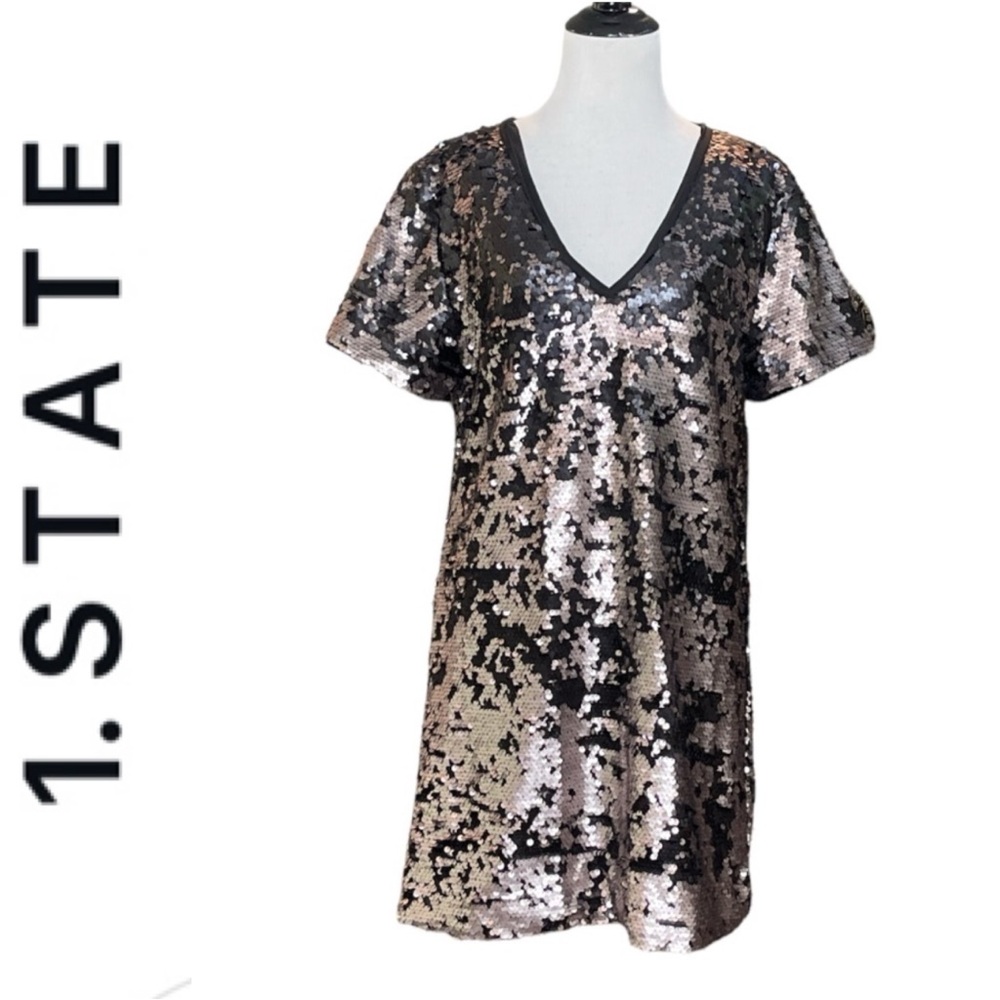 1.STATE SHORT SLEEVE SEQUIN SHIFT V NECK BURNISHED GOLD MINI DRESS